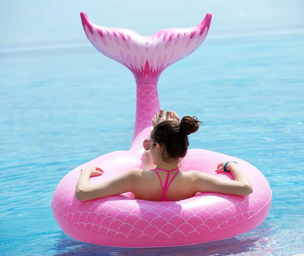 Unisex Large Pink Glitter Mermaid Tail Pool Float Lounger for Adults & Kids, Giant Inflatable Raft with >5x Faster Inflate Valves for Summer Water Activities