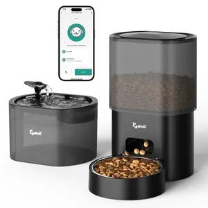 Automatic Cat Feeder with Water Dispenser, 2-In-1 Feeding Set with Feeding Schedule & Voice Recorder, Dual Power Supply, Auto Cat Food Dispenser for Cat