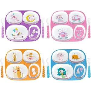 FEPITO Set of 4 Divided Melamine Dinner Plates for Girls, Shatterproof Kids Dinnerware with Fun Themes (Mermaid, Unicorn, Princess, Cat), Perfect for Picky Eaters, Toddler Essentials, gift