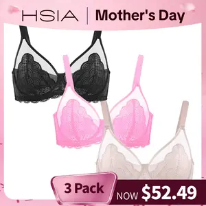 【3 Pack】HSIA Mermaid Scales Unlined Sexy Lace Mesh Bra Plus Size Full Coverage Underwire Minimizer Bra Wide Adjustable Straps for Curvy Women Back Smoothing No-Dig Comfort U-Back Shaping Summer Essentials for DDD+Cup Big Busted Women