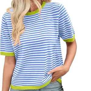 Blue & White Striped T-Shirt with Neon Yellow Trim Women's Casual Short Sleeve Top