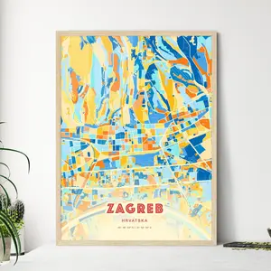 Colorful Zagreb Croatia Blue Orange Fine Art Print Hrvatska City Map Customizable Poster Personalized Gift