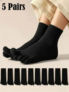 5 Pairs Unisex Five-Finger Plain Socks, Breathable Sweat-Wicking Mid-Calf, Anti-Chafe, Ideal for Daily Wear, Running, Yoga, Hiking, All Seasons