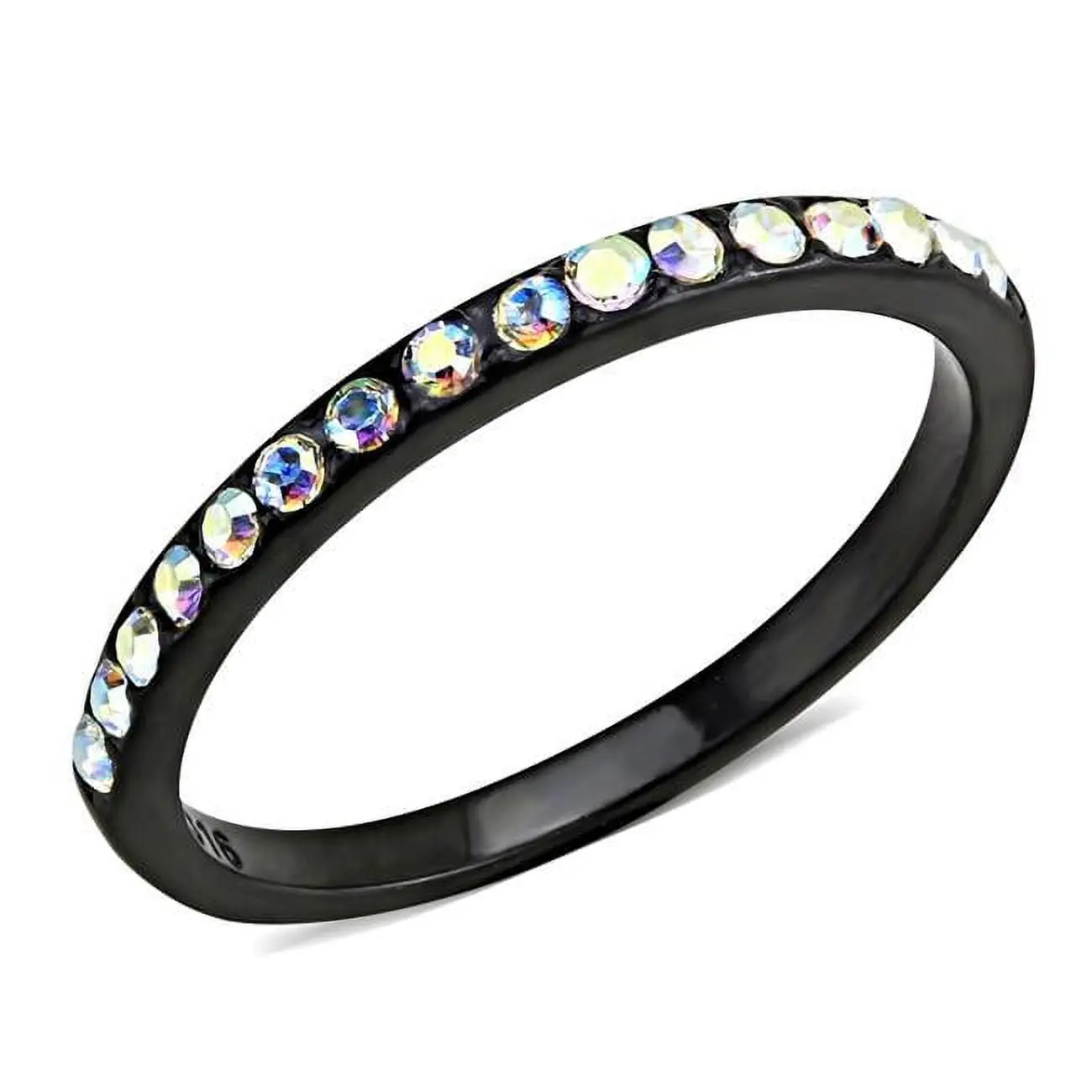 212 MAIN Women's IP, Black, Stainless Steel Fashion Ring - Size 8, Adorned with Top-Grade Aurora Borealis Rainbow Effect Crystals