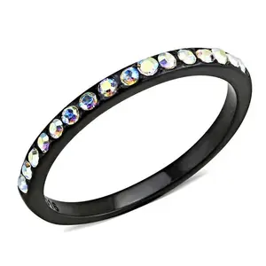 212 MAIN Women's IP Black Stainless Steel Fashion Ring - Size 8, Adorned with Top-Grade Aurora Borealis Rainbow Effect Crystal