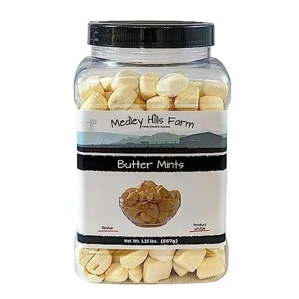 Butter Mints By Medley Hills Farm in Reusable Container 1.25 lbs. - After dinner mints candy Yellow - Great wedding candy favors for guests, baby shower or birthday party - Product of USA