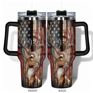 40oz, 1pc Gift, Stainless Steel Cup, Insulated and Durable, Stainless Steel Tumbler, Insulated Water Bottle, Featuring a beautiful American Flag Deer Design, Perfect Gift for Horse Lovers and Equestrians, Great for Hot or Cold Beverages