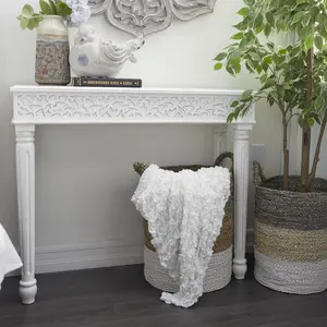 Scroll Wood Intricately Carved Slim Living Room Console Table with Turned Legs 36" x 12" x 30"