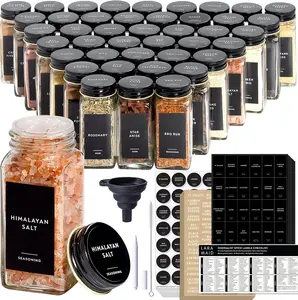 4oz 24Pack Spice Jars with 455 Black Vinyl Spice Labels, Shaker Lids Dispenser with Airtight Black Metal Caps, Cleaning Brush and Collapsible Silicone Funnel Complete Set