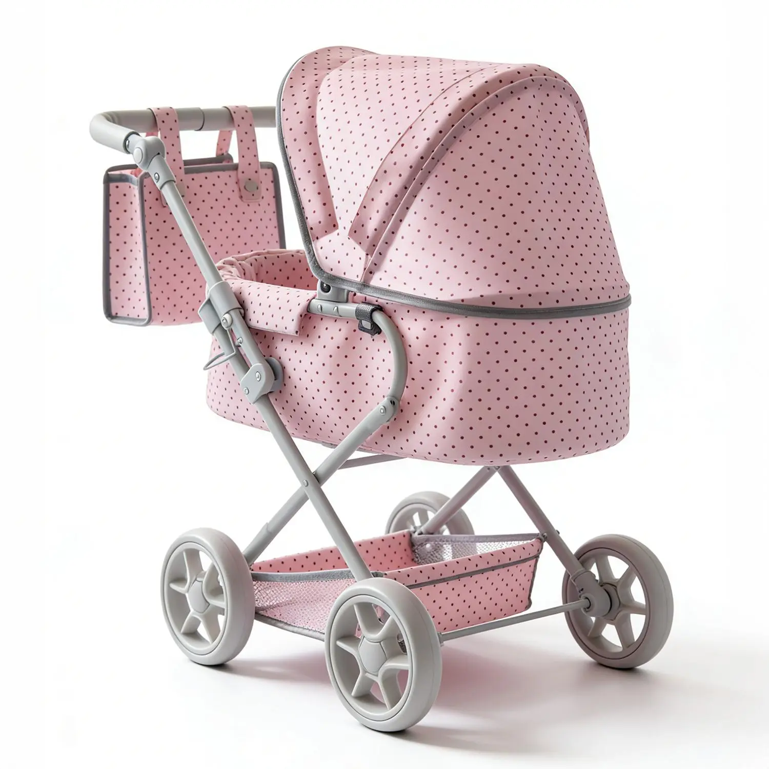 2 in 1 Baby Doll Stroller Foldable Doll Pram with Detachable Basket,Handbag,Pink Polka Dots,Dolls Up to 22" Doll, Dolls to Play Baby Doll Convertible Lightweight Pram Stroller for Kids