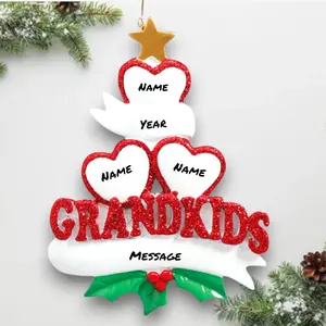 Personalized Grandkids Hearts 3 Christmas Ornament – Custom Names, Year & Message – Red Glitter GRANDKIDS Sign – Holiday Gift – Noel Box