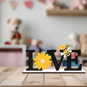 Wooden Summer Decorative Ornament with Bees and Sunflowers, Ideal for Desktop, Wall, Tray, Shelf, Fireplace Decoration