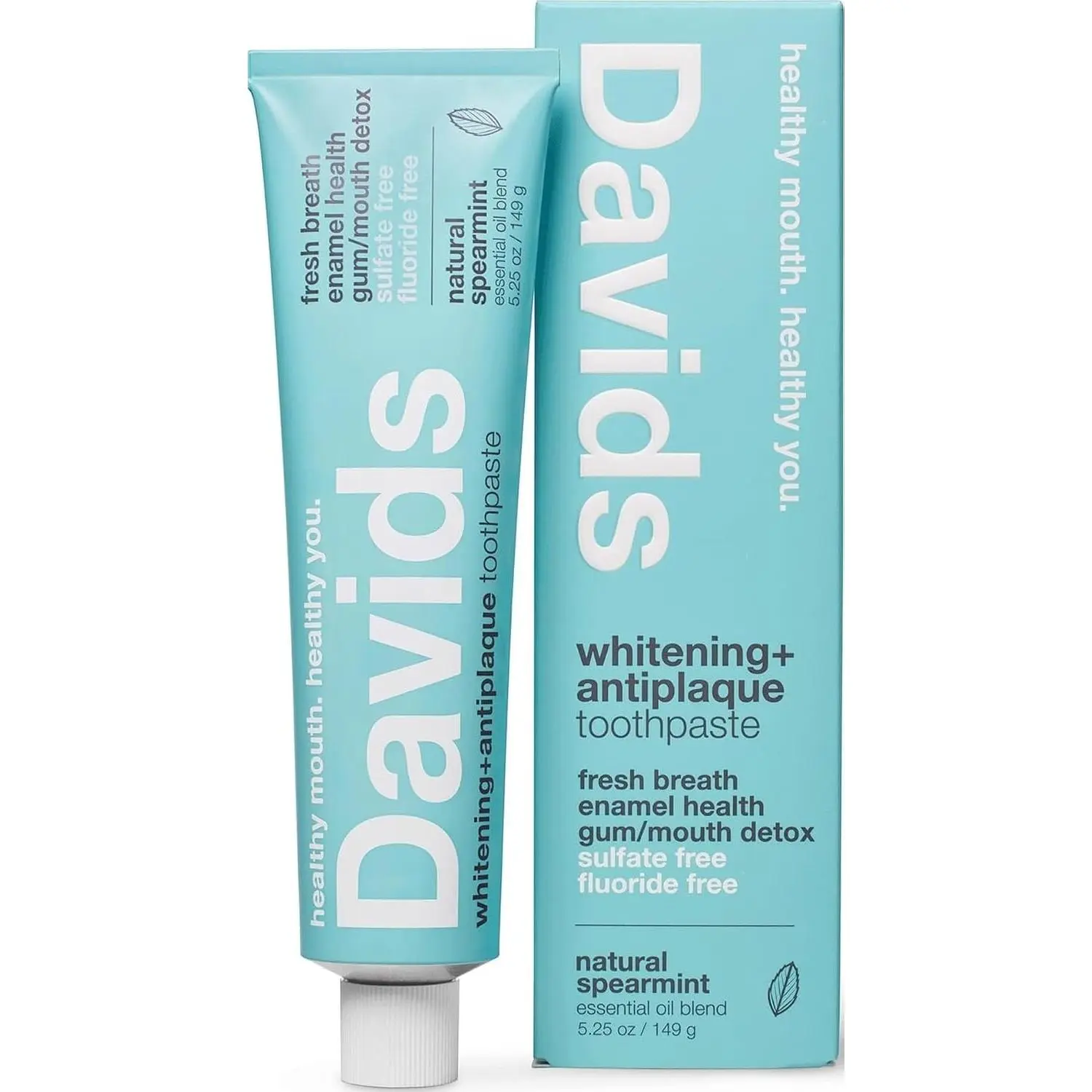 Davids Fluoride Free Toothpaste Teeth Whitening SLS Free Spearmint 5.25oz | Antiplaque Protection, Promotes Enamel Health, Supports Mouth & Gum Detox, EWG Verified, Peppermint Toothpaste