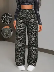 Women's Leopard Print Wide Leg Jeans Summer High Waisted Loose Fit Straight Long Pants, Fashion Button Front Mid Waist Denim