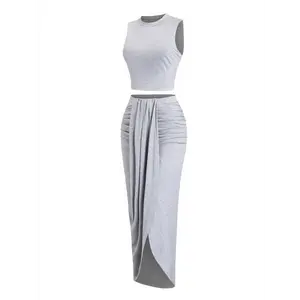 Women's Solid Crop Tank Top & Ruched Asymmetrical Hem Split Skirt Set,  Cute Summer Outfit Fabric Jersey Suits Crewneck Womenswear Clothes Pebble Lime