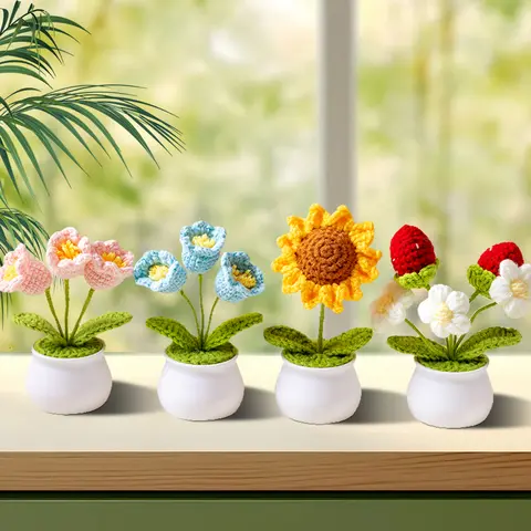TTZZ Handmade Crochet Bouquet Potted Flowers, Artificial Flower Potted Plant, Knitted Artificial Forever Flowers with Exquisite Pot Decor Decorative Fruit Decoration Gift Ornaments