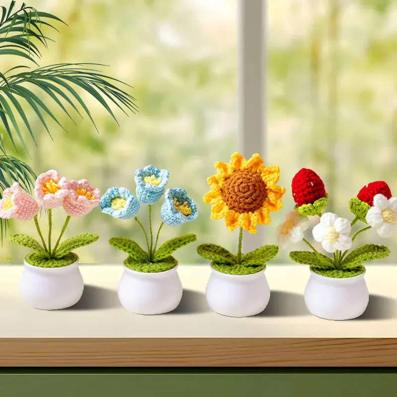 TTZZ Handmade Crochet Bouquet Potted Flowers, Artificial Flower Potted Plant, Knitted Artificial Forever Flowers with Exquisite Pot Decor Decorative Fruit Decoration Gift Ornaments