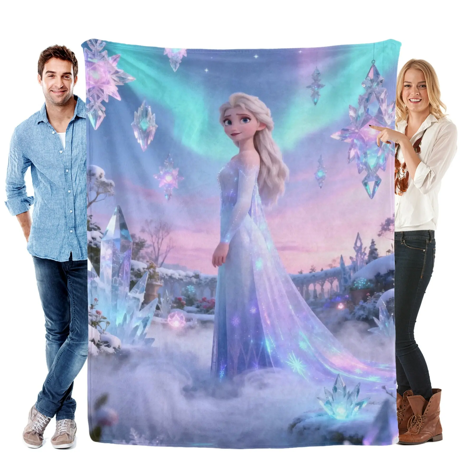 [SummerVibes] DISNEY CLASSIC Frozen Elsa Flannel Blanket, Vibrant 2D Print Magic Crystal Throw for Bed & Couch