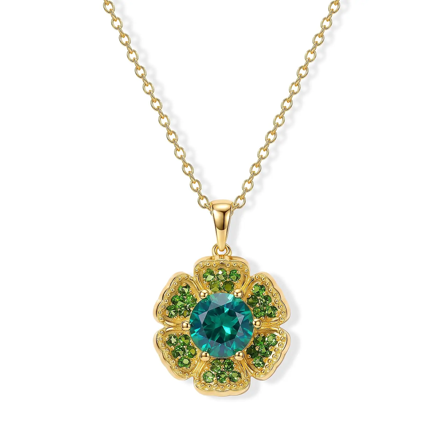 EverTrue Peacock Quartz, Chrome Diopside Dancing Peacock Bloom Pendant in 18K YG Plated with ION Plated YG Stainless Steel Necklace (20 Inches) 2.85 ctw
