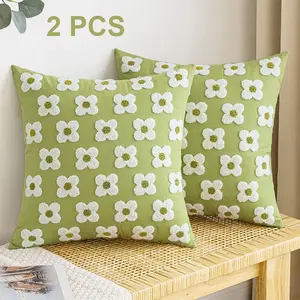Decorative Throw Pillow Covers Daisy Sun Flower Jacquard Pillowcase Cushion Case Square for Couch Sofa Bed Living Room Bedroom Set of 2, 18x18 Inch, Sage Green