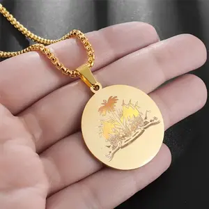 Haitian Logo Polished Round Medal Pendant in Dual-Tone Golden with Design Featuring Leaves & Branches, Fashionable Minimalist Jewelry Gift for Anniversary and Special Occasions