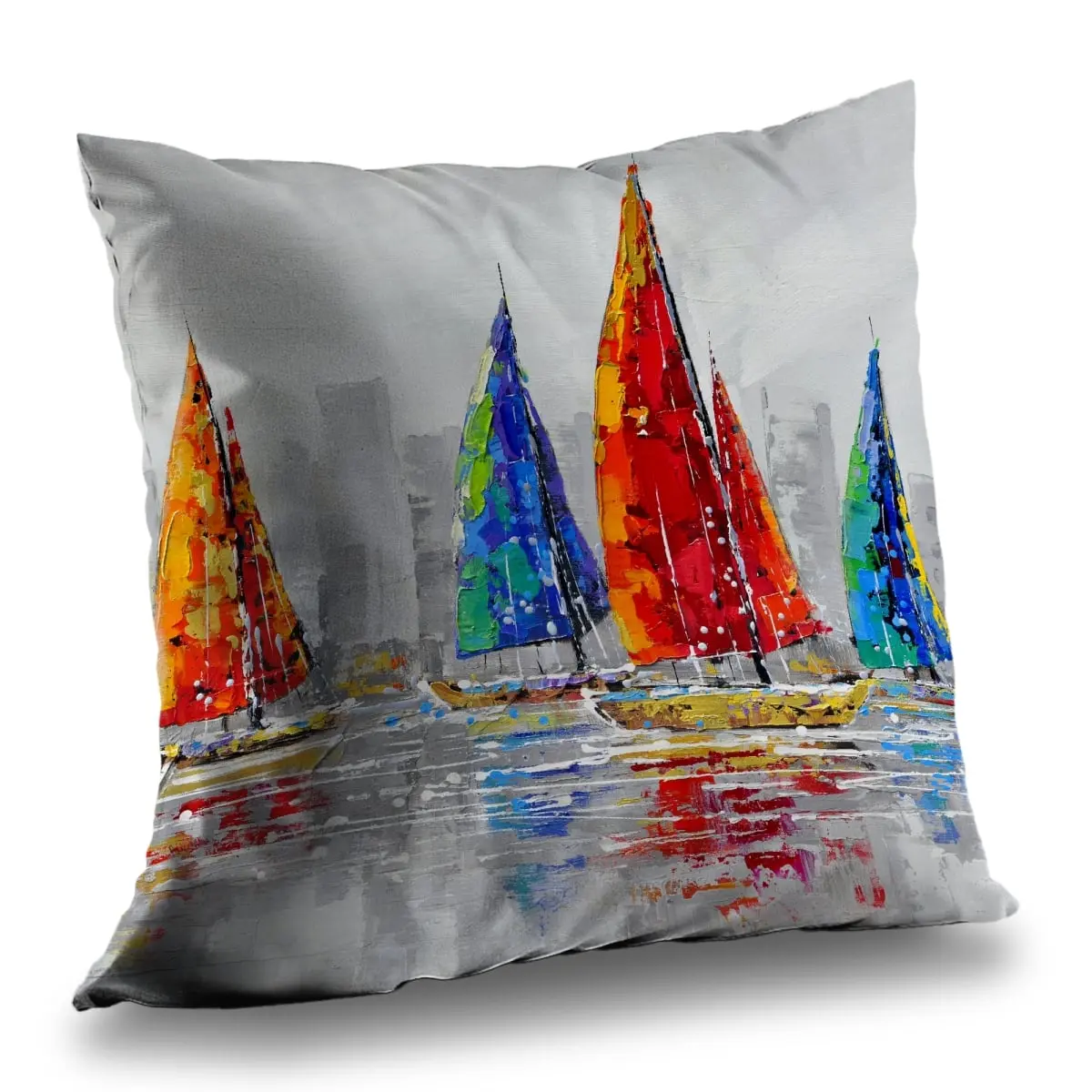 Begin Home Decor C1PT1414LOQHQA 14 x 14 in. Colorful Boats Near Gray City - Boat Cities Throw Pillow