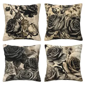 Retro black rose pillowcase, rose flower art pillow, square cushion cover, beautiful decorative pillow, Bedroom Decorative Accessories, suitable for sofas, living rooms, bedrooms, housewarming gifts, 4-piece set with double-sided printing