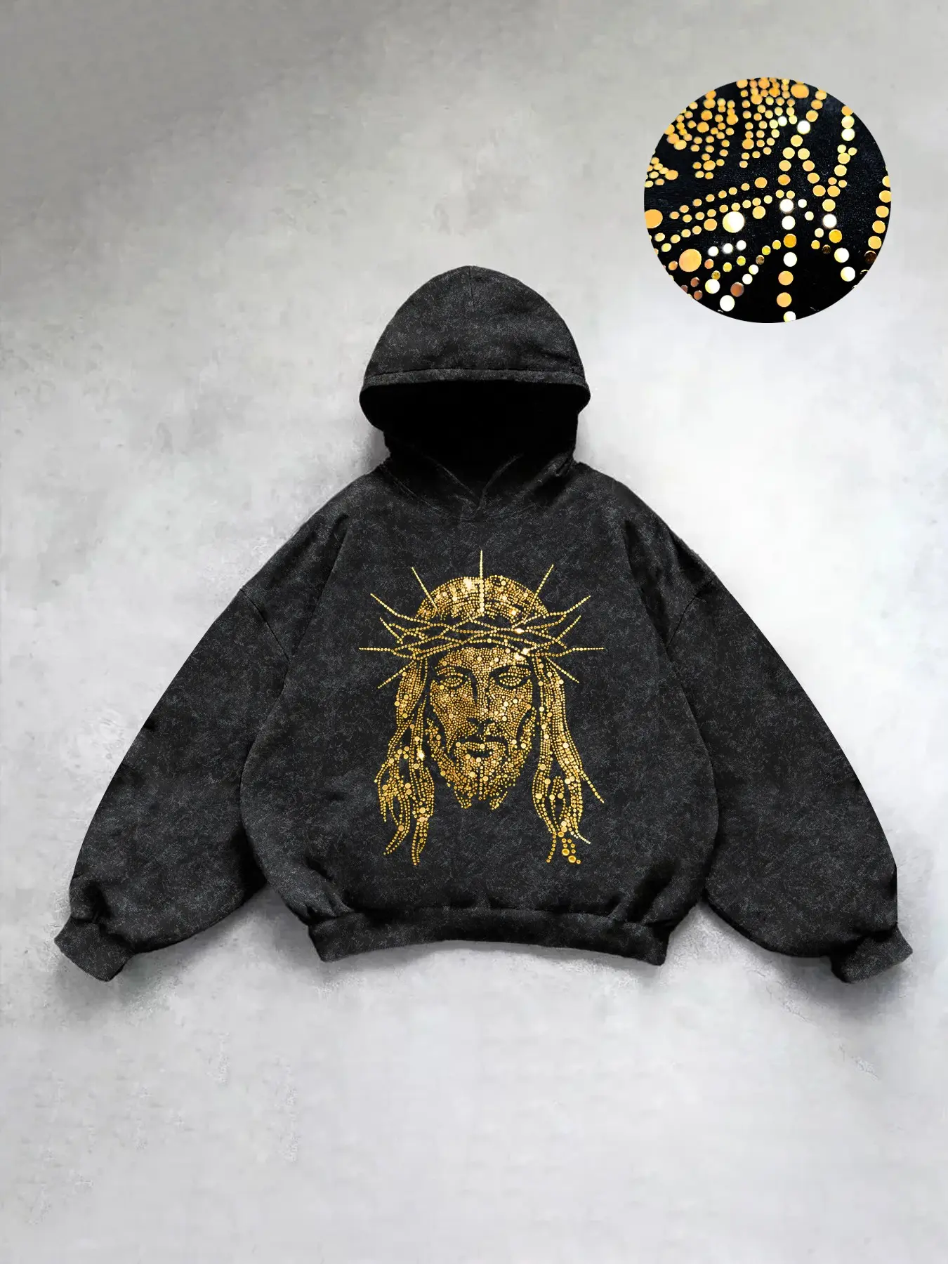 Men's Thin Hooded Sweatshirt, Gold Jesus Faith Graphic Print, Imitation Snowflake Fabric, Casual Fitted Hoodie for Daily Wear
