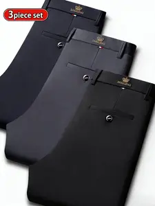 3-Pack Men's Business Pants, High Stretch, Wrinkle-Resistant, No-Iron, Slim Fit, Breathable, Crown Logo, Premium Texture, Fashionable, Versatile, All-Season