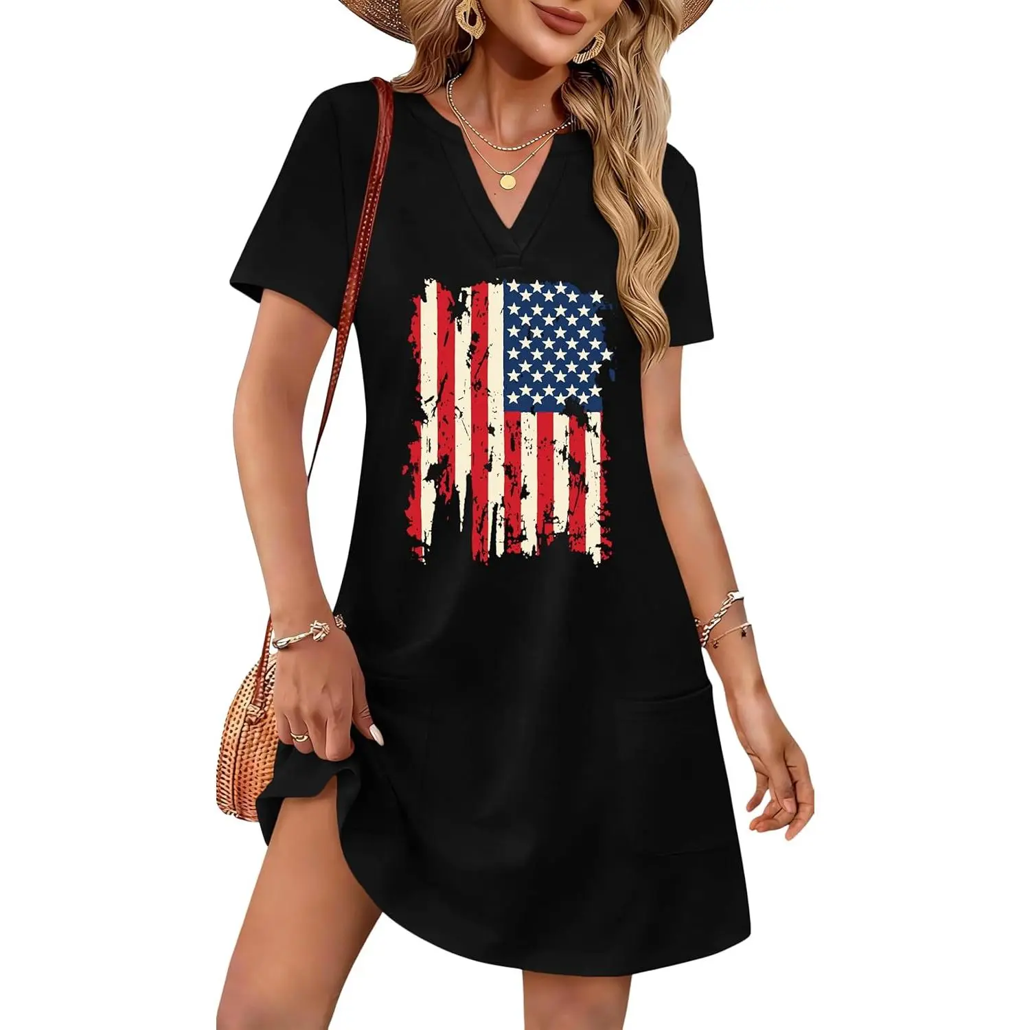 Ithalt Women's Patriotic V-Neck Sundress with Pockets, Red White and Blue 4th of July Print Casual Dress, Festival & Casual Wear, American Flag Pattern Dress, Festival Wear, Fourth Of July Print Casual Dresses, Patriotic Flag Print Casual Dresses