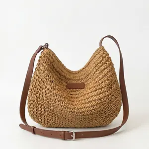 Women's Handwoven Straw Crossbody Bag - Summer Boho Beach Purse with Adjustable Retro Leather Strap, Plain Design, Zipper Closure tiktokshopspringglowup,summervibes