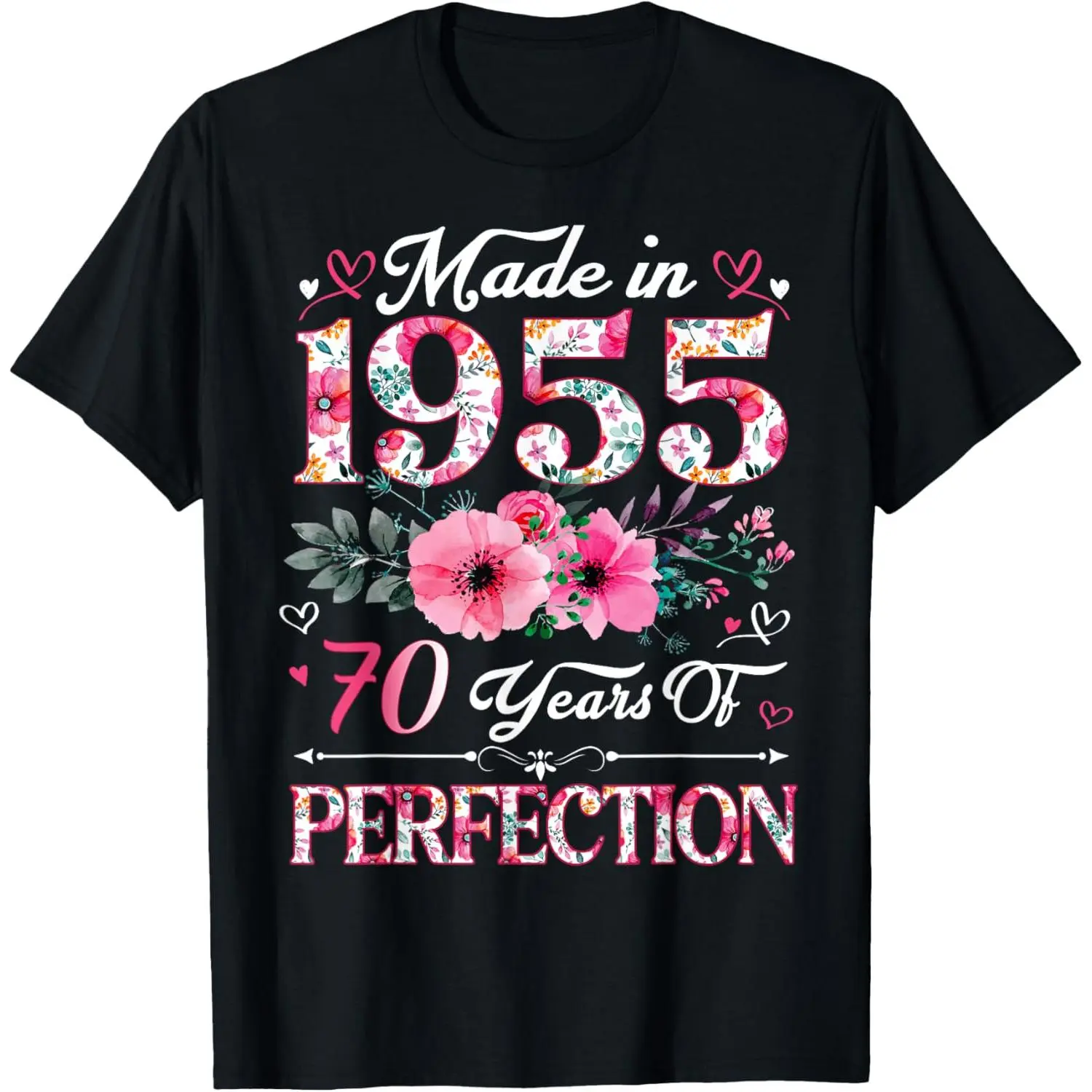 Women's 70th Birthday Floral Print Short-Sleeve T-Shirt - 1955 Made, Comfortable Everyday Tops, Made in USA, Shortsleeve, Simple, Basic, Cotton, Soft, Digital Print, Straight, Printed, Birthday Theme