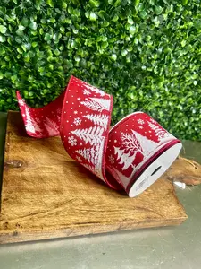 2.5 Inch By 10 Yard White Christmas Trees On Red Background Ribbon