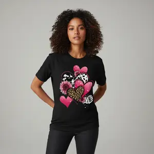 Women's  T-Shirt with Pink Leopard & Glitter Hearts, Floral Print - Loose Fit Short Sleeve Round Neck Top for Spring/Summer Casual & Party Wear, Casual Wear Tee | Loose Fit Top | Soft - Material