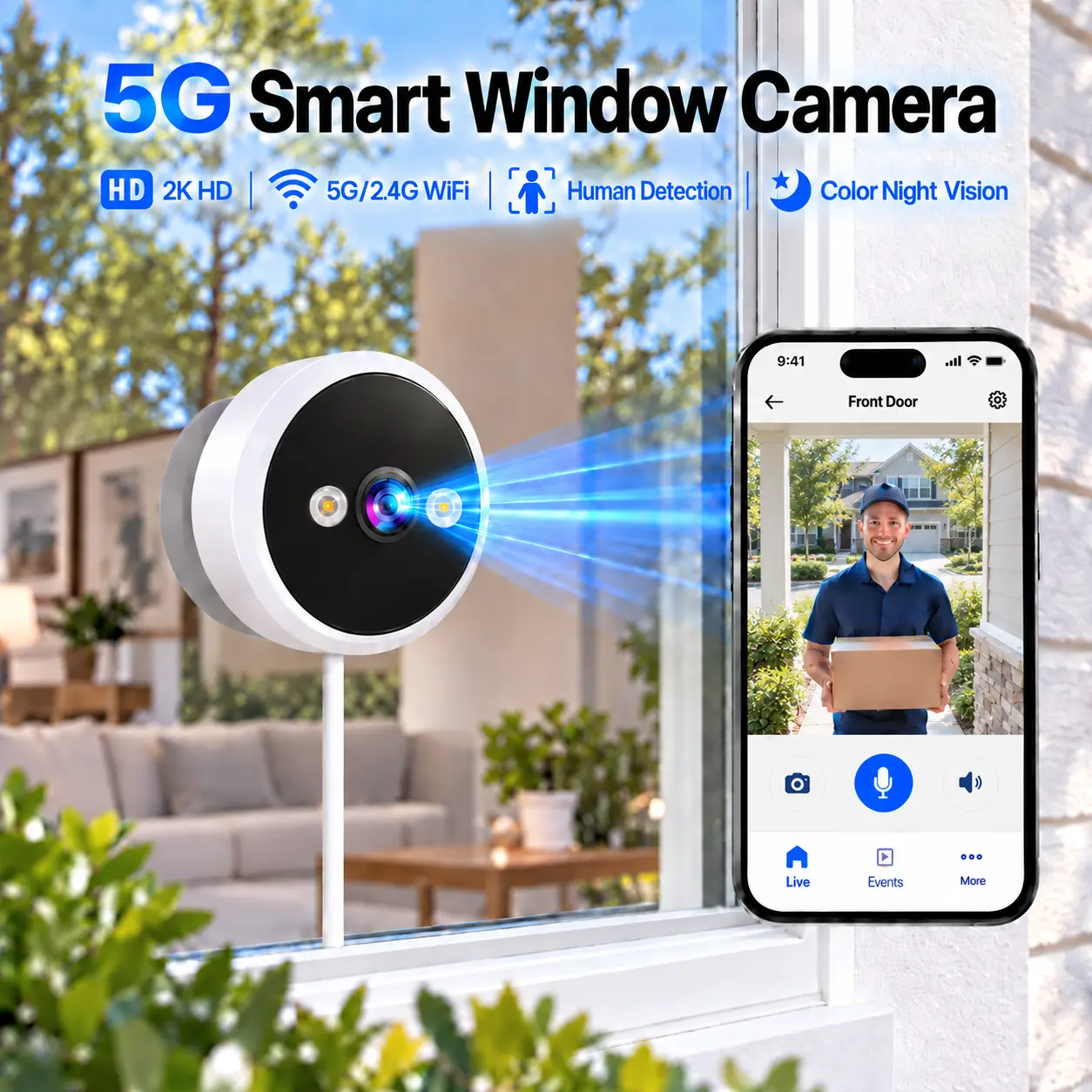 【JOOAN Window Camera 2.5K 5GHz/2.4GHz WiFi Security Camera】Glass-Mount No-Drill Installation, Clear Outdoor View Through Window, Color Night Vision, AI Motion Detection, Real-Time Alerts, Two-Way Audio, Magnetic, Angle Mount Included, Indoor/Outdoor Alexa