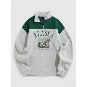 Men's Patchwork Letter & Eagle Print Quarter Zip Sweatshirt, Casual Regular Fit Long Sleeve Stand Collar Pullover for Fall & Winter, Men's Clothes for Daily Wear