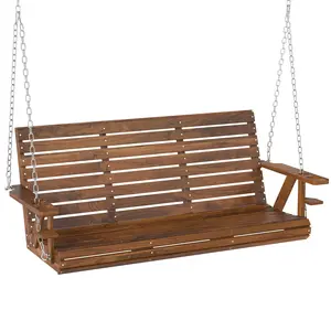 Outsunny Upgraded Wooden Porch Swing 3-Seater, 5 FT Outdoor Patio Swing Bench with Cupholders, Hanging Chains, Swing Chair Bench for Patio Garden Yard, Nature Wood