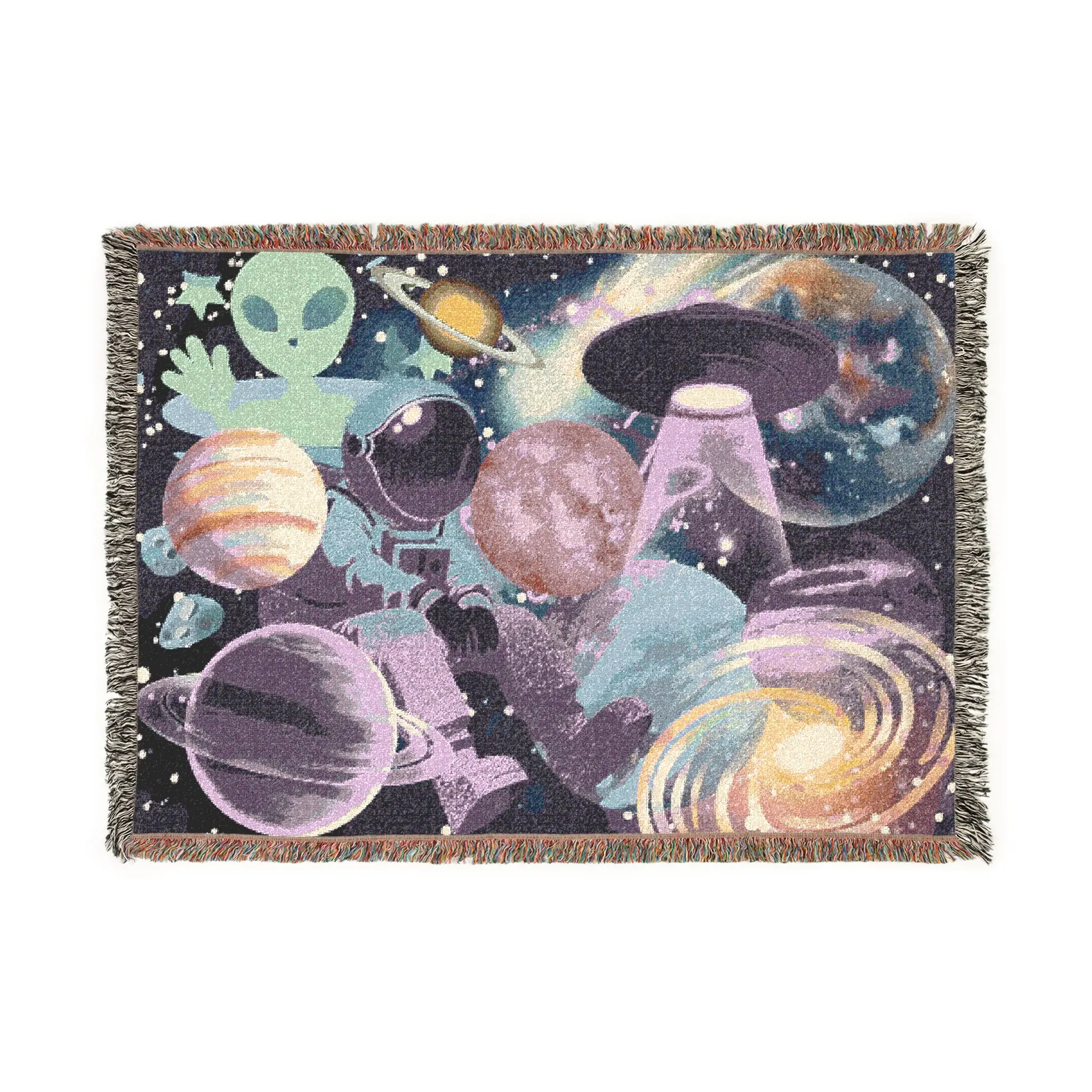Sci Fi Blanket – Woven Space Throw with Planets, Astronaut, Aliens, UFO Spaceships & Stars | Cozy Galaxy Tapestry Blanket | Gift for Sci-Fi & Space Lovers