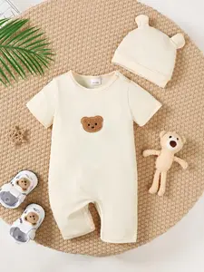 Newborn Infant Bear Embroidery Onesie Bodysuit & Hat, Cute Casual Short Sleeve Round Neck Knitwear for Daily Wear, Newborn Infant Baby Clothes for Summer, Baby Clothing