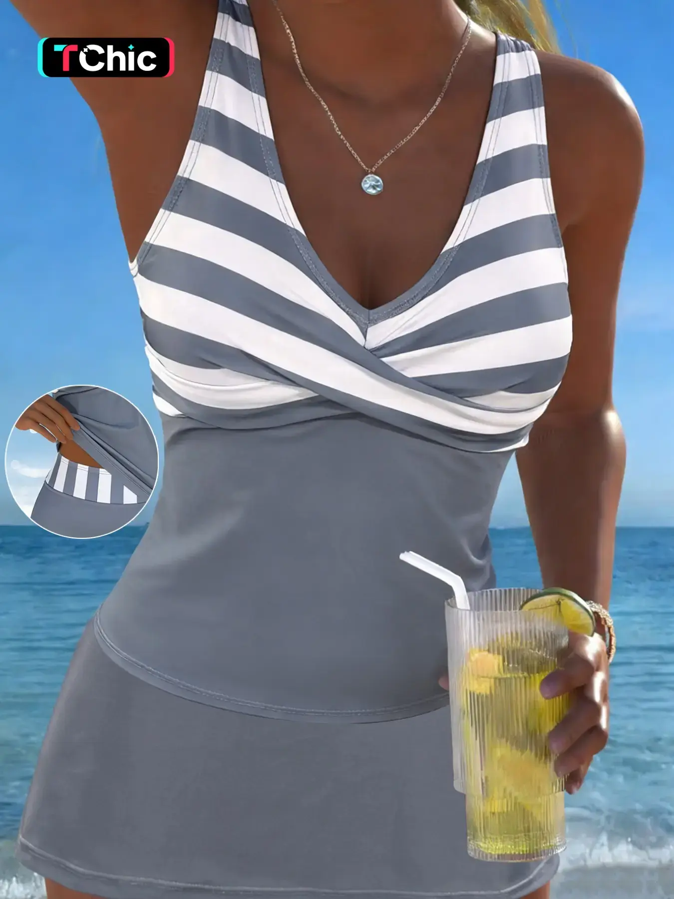 Women's Striped Print Asymmetrical Tankini Set, Sexy V-Neck Split Design Swimsuit Beachwear, Summer Beach Vacation Pool Party Swimwear for Women, Swim Tankini Tops, Tankini Swimsuits Women