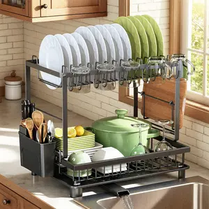 2 Tier Space-Saving Multifunctional Dish Drying Rack, Rustproof Carbon Steel Dish Drainer for Kitchen Counter with Drainboard Utensil Cup Holder, Black