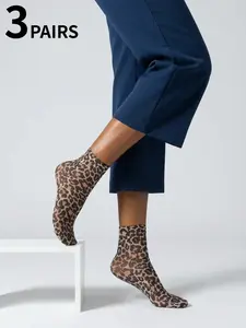 3 pairs of leopard-print transparent socks, lightweight and soft short socks, women's knee-high socks and long socks Sheer Fit