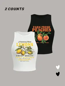 Women's Letter & Lemon Print Round Neck Tank Top, Casual Sleeveless Crewneck Top for Summer, Ladies Clothes for Daily Wear, Tanktop, Vest, Workout Tank Tops, Breathable Tank Tops, Sleeveless Sport Tank, Athletic Tank Top