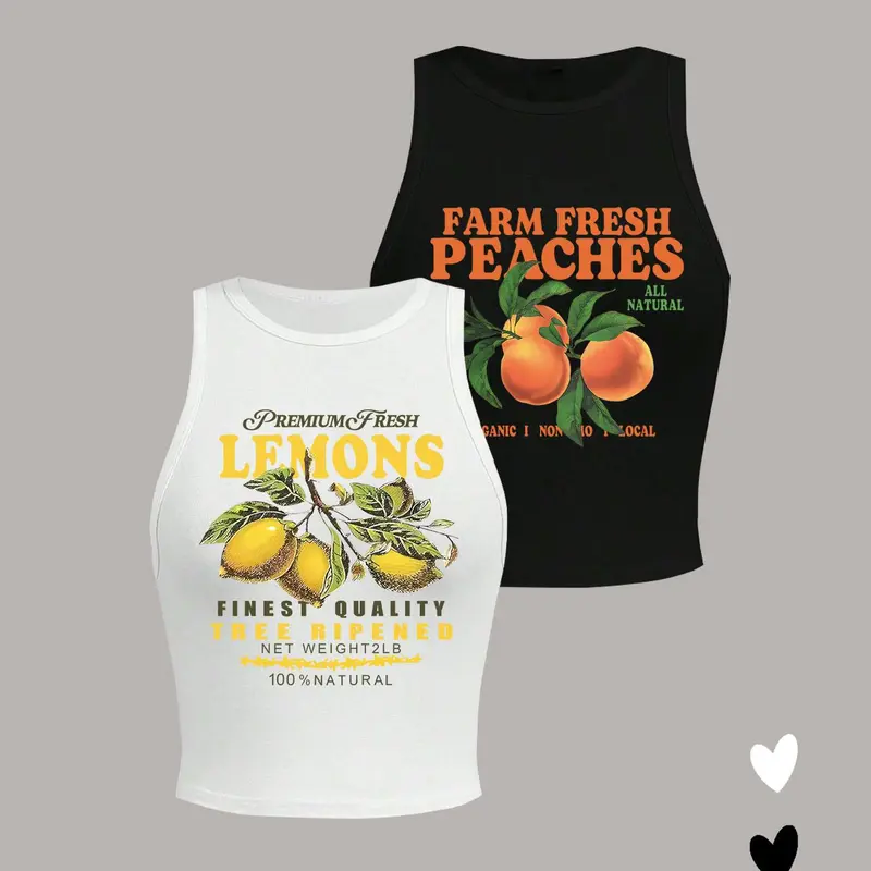 Women's Letter & Lemon Print Round Neck Tank Top, Casual Sleeveless Crewneck Top for Summer, Ladies Clothes for Daily Wear, Tanktop, Vest, Workout Tank Tops, Breathable Tank Tops, Sleeveless Sport Tank, Athletic Tank Top