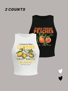 Women's Letter & Lemon Print Round Neck Tank Top, Casual Sleeveless Crew Neck Top for Summer, Ladies Clothes for Daily Wear, Tanktop, Vest