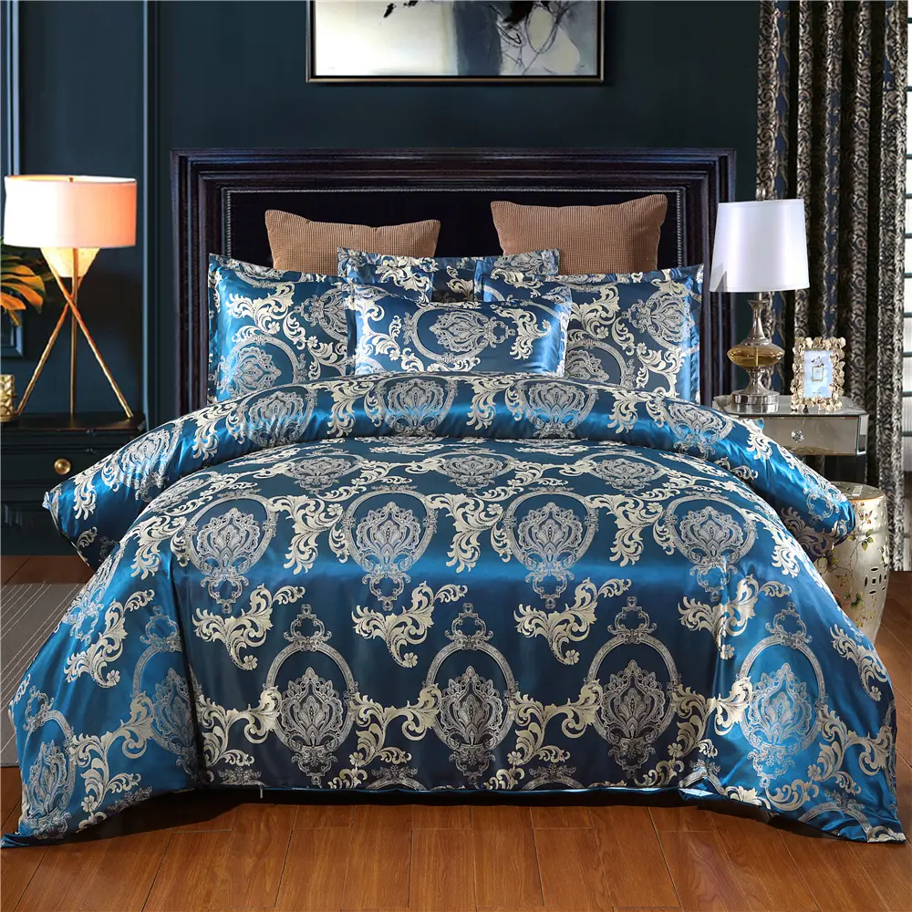 Home Textile European-Style Satin Jacquard Bedding Kit - 3-Piece Set, Jacquard Blue & Brown, Polyester Fiber, 200x200, 210x210, 240x220, 228x228, 260x230, 175x230, 135x200, 140x210, 200x230, 200x200, 210x210,