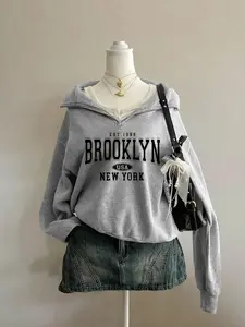 Women's Light Brooklyn Letter Print Hoodie, Sweatshirts, Fashion Street Style Casual Wear, Fitted Moderate Knit Fabric, Fall & Winter New Arrival