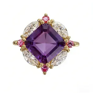 Cushion-cut amethyst multi-gemstone ring, Art Deco style floral ring, purple and pink cocktail party jewelry.