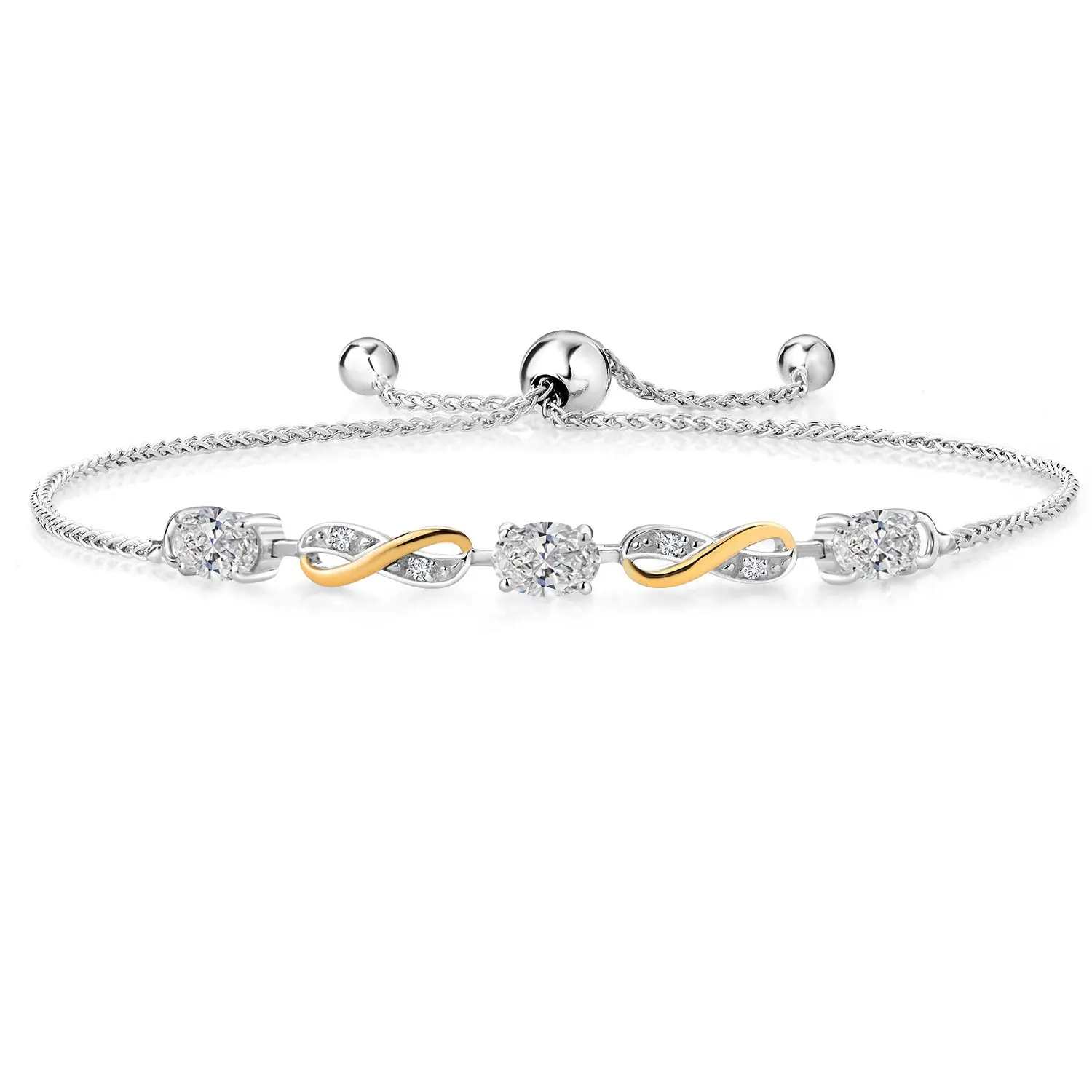 Gem Stone King 3-Stone Infinity Bracelet for Women | 925 Silver 10K Yellow Gold | 6X4MM Oval Gemstone Birthstone and Lab Grown Diamond | Adjustable Up to 9 Inch
