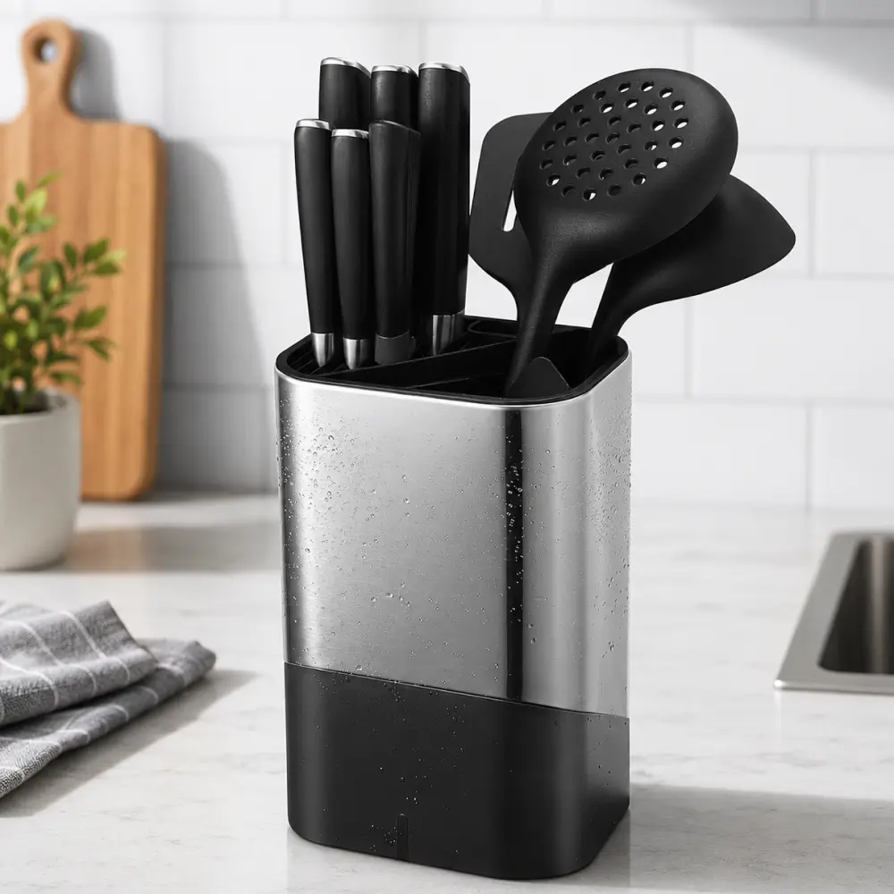 2-in-1 Stainless Steel Kitchenware Knife Holder, Universal Fingerprint-Resistant Silver Home Storage Organizer for Countertop (Knives Not Included)